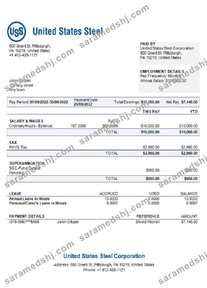 USA United States Steel Corporation steel production company pay stub